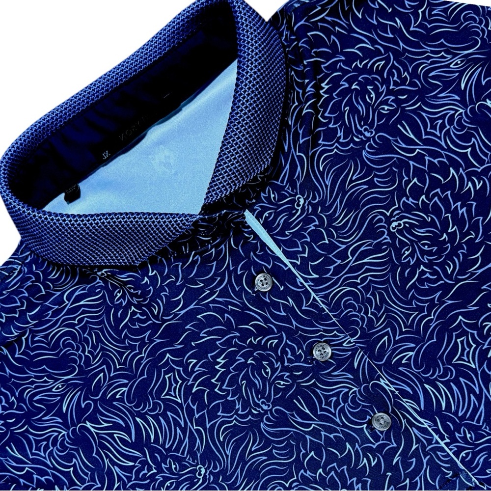 Greyson Den Of Thieves Wolves Print Performance Short Sleeve Blue Golf Polo XL